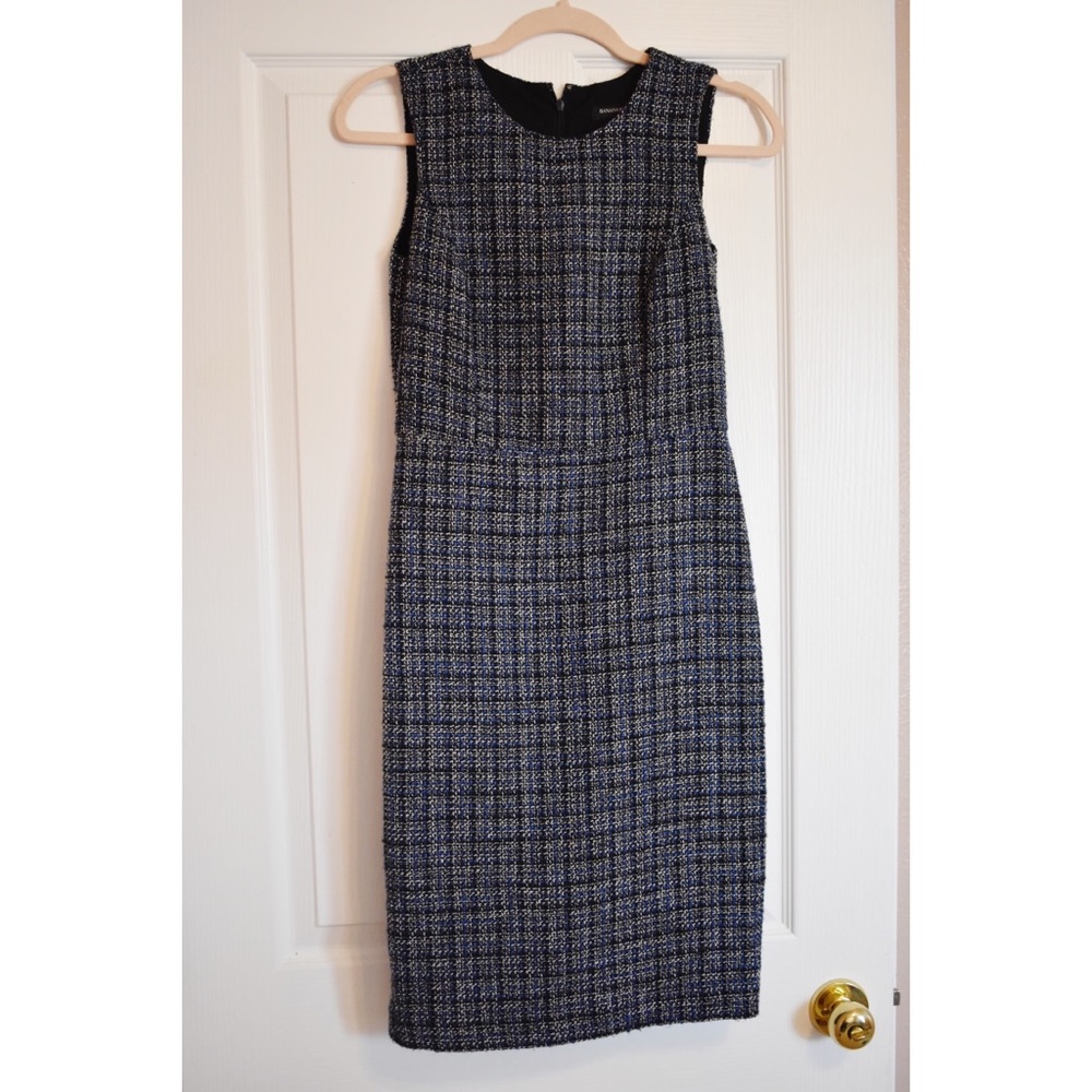 Blue and white tweed sheath dress.
